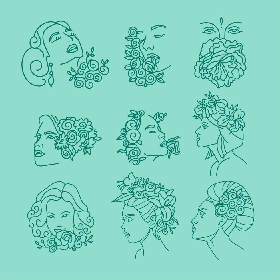 Women Faces with Flowers on head Continuous Line Drawing Set. Women with Floral hairs One Line Abstract Portrait. Female Faces Minimalist Contour hand drawn vector Drawing.