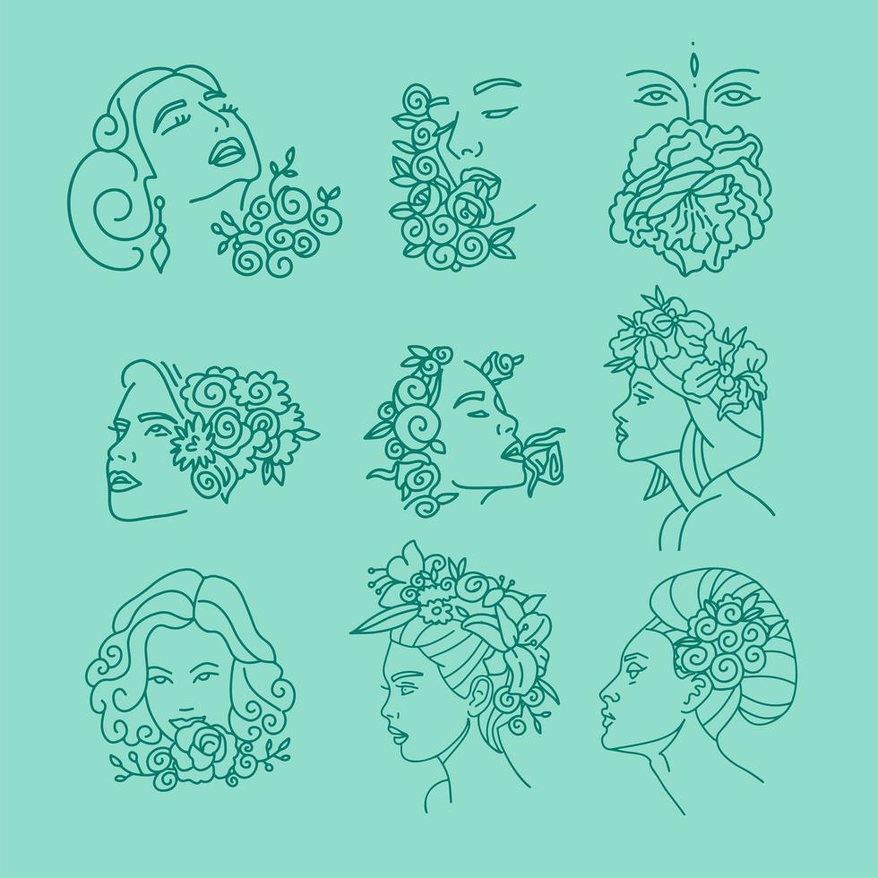 caras de mujeres con flores en la cabeza conjunto de dibujo de línea continua. mujeres con cabellos florales retrato abstracto de una línea. rostros femeninos contorno minimalista dibujo vectorial dibujado a mano. vector