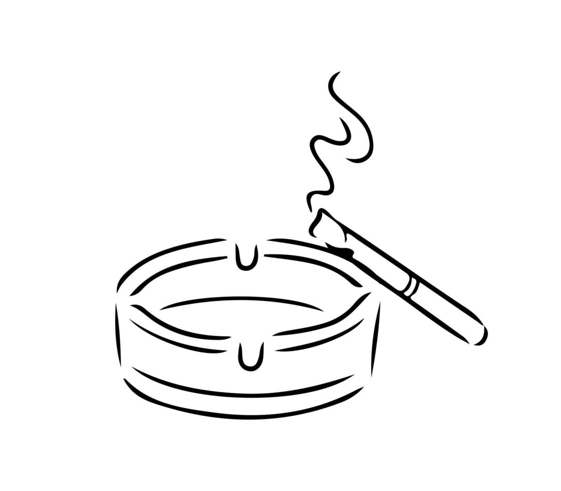 Ashtray with a smoking cigarette. Cigarette butt in ashtray icon isolated on white background. Vector illustration in a minimalistic sketch style. Smoking concept