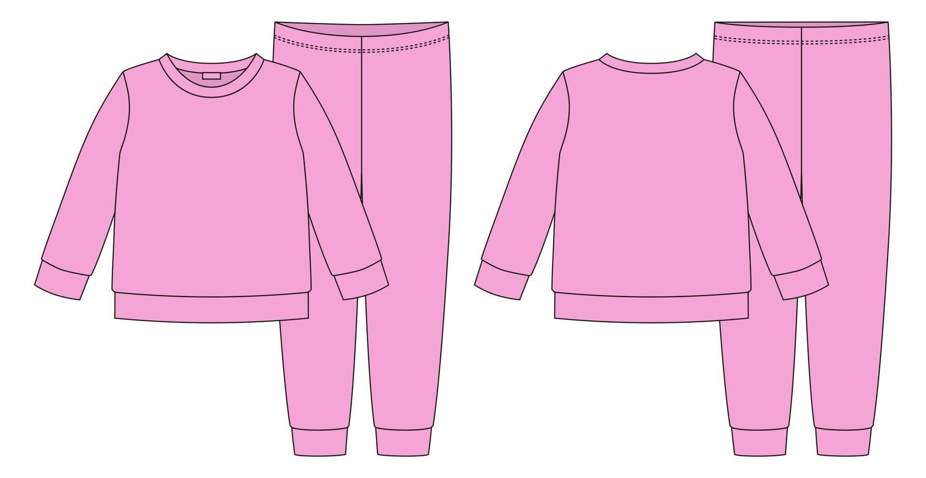 Apparel pajamas technical sketch. Girls cotton sweatshirt and pants. vector