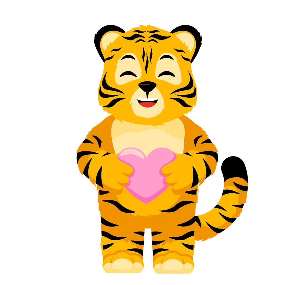 Cute little Tiger character hold heart isolated. Happy club cartoon striped tiger fall in love. vector