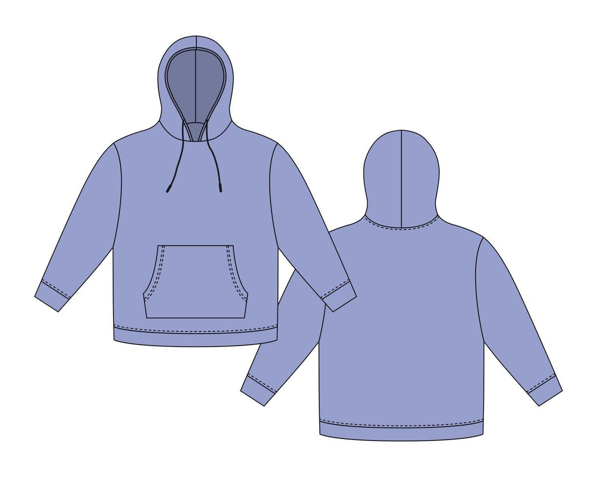 Hoodie template in cool blue color. Apparel hoody technical sketch mockup. vector