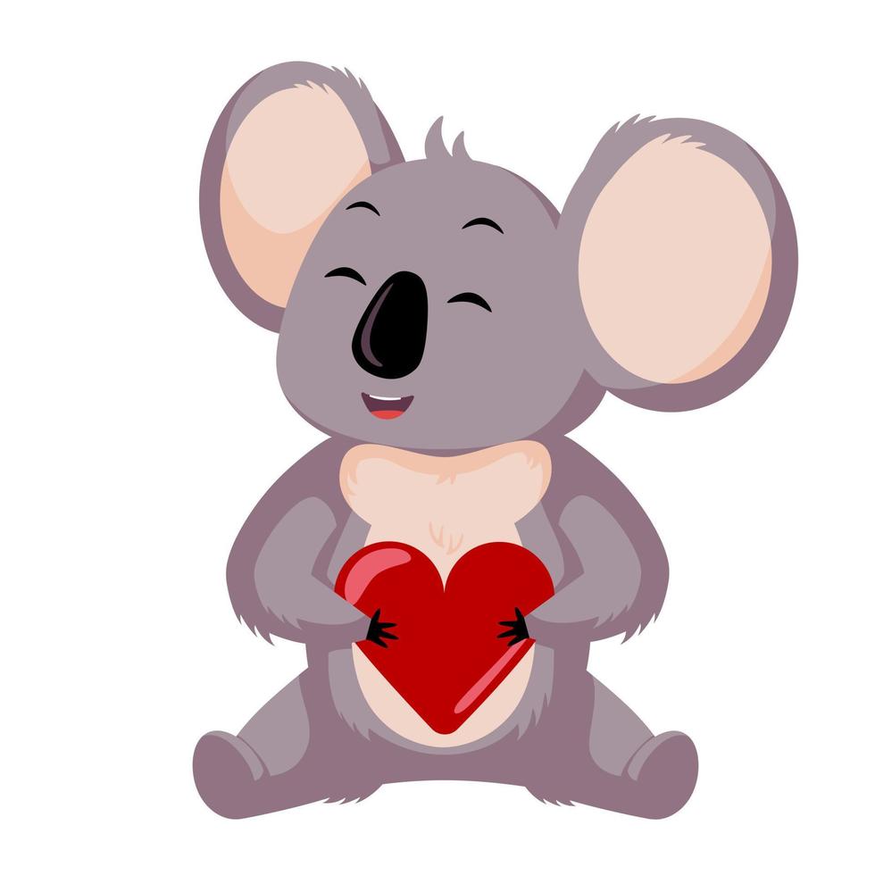 Cute koala hold heart isolated on white background. Cartoon character loving. vector