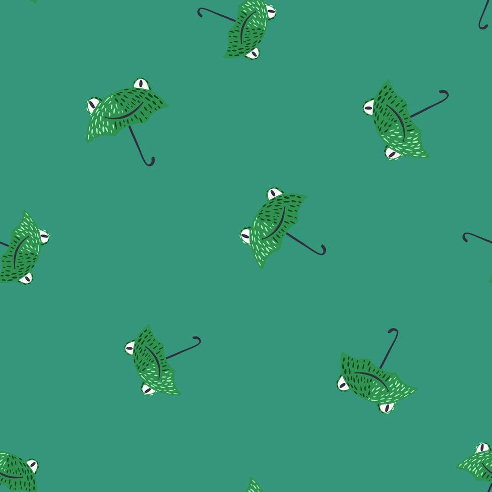 Seamless pattern cute frog umbrella. Background of funny accessory shape head toad in doodle style. vector