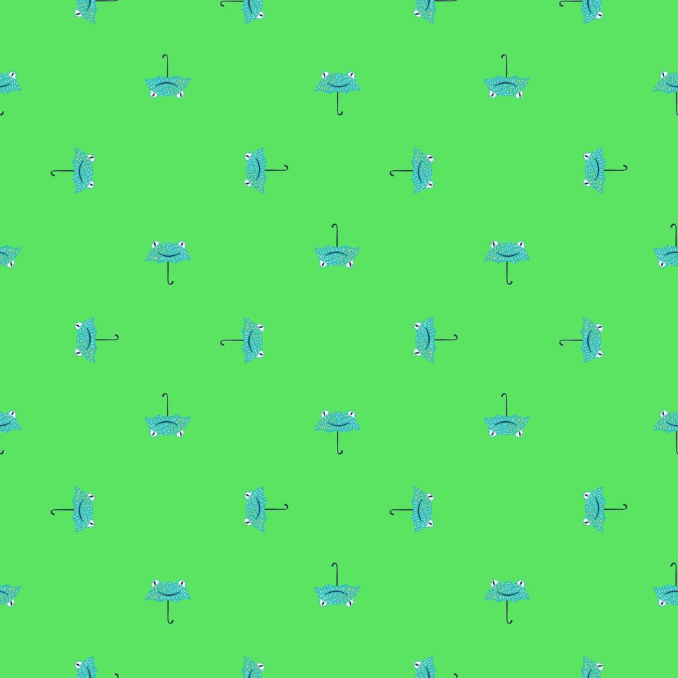 Seamless pattern cute frog umbrella. Background of funny accessory shape head toad in doodle style. vector