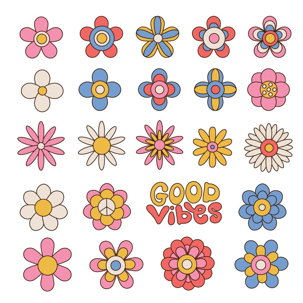 Big set of colorful floral geometric daisies. Groovy flowers collection in 70s hippie aesthetic. Funny multicolored botanical art print elements. Linear hand drawn vector illustration.