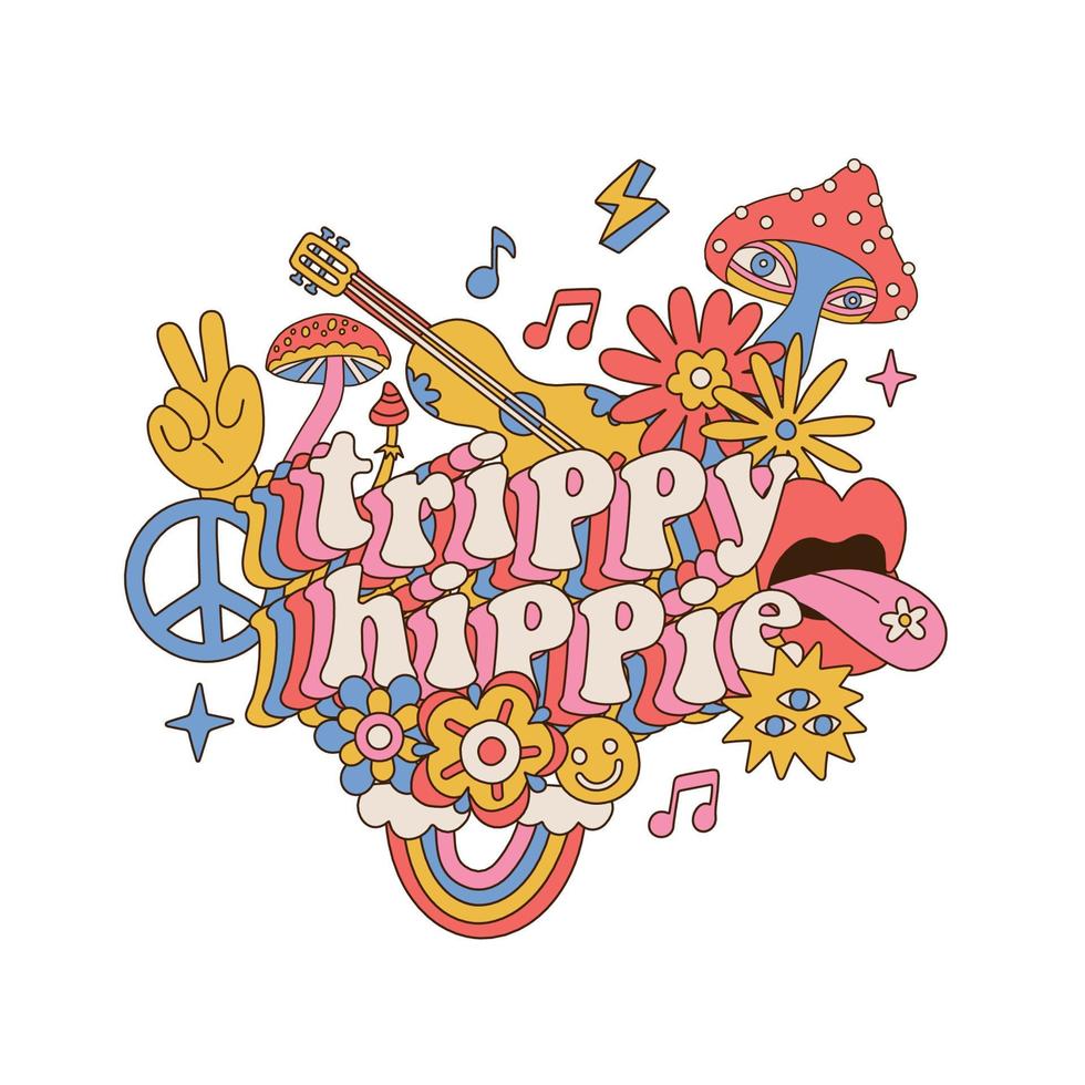 Trippy hippie - Retro 70 s psychedelic print with groovy slogan for man and woman graphic tee t shirt or sticker decorated with mushrooms, music, flowers and rainbow. Vector isolated illustration.