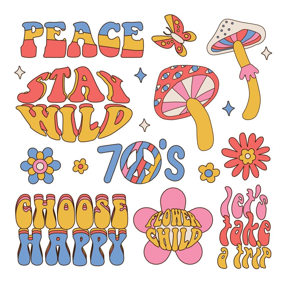 conjunto de frases hippie, texto hippy dibujado a mano y elementos maravillosos de los años 70. cita motivacional e inspiradora, citas de letras antiguas, afiche nostálgico retro de los años 60, tarjeta, ilustración vectorial de impresión de camisetas. vector