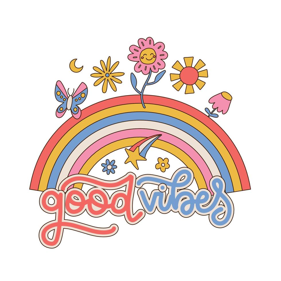 Good vibes - 70s groovy lettering slogan with rainbow, daisies and butterfly signs print for kids and girl tee - t shirt or sticker. Linear hand drawn vector illustration.