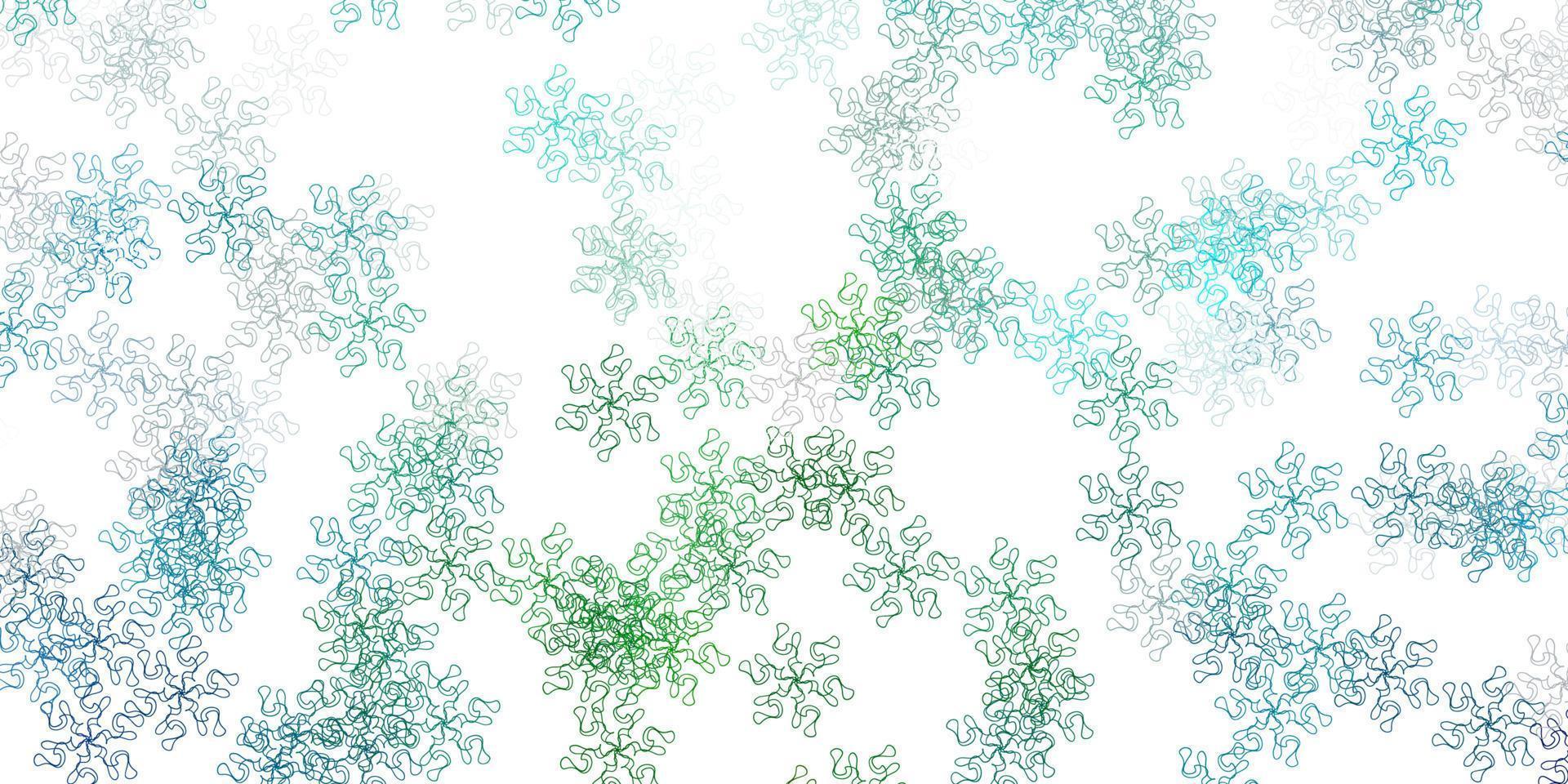patrón de doodle de vector azul claro, verde con flores.
