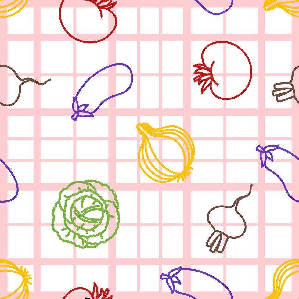 Seamless pattern with vegetables on plaid oilcloth. Cabbage, beet, tomato, onion and eggplant outline icons. vector