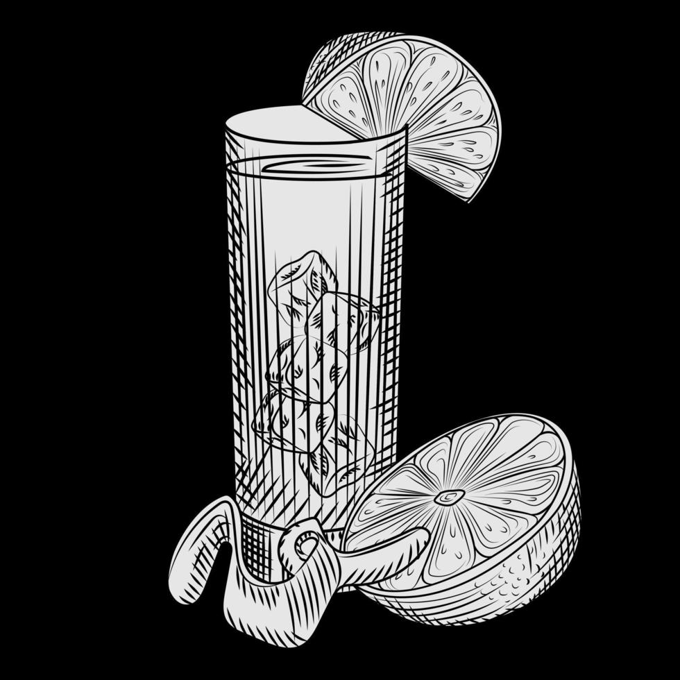 Highball glass of fresh orange juice and orange slice on blackboard. Glass of lemonade and ice cubes. vector