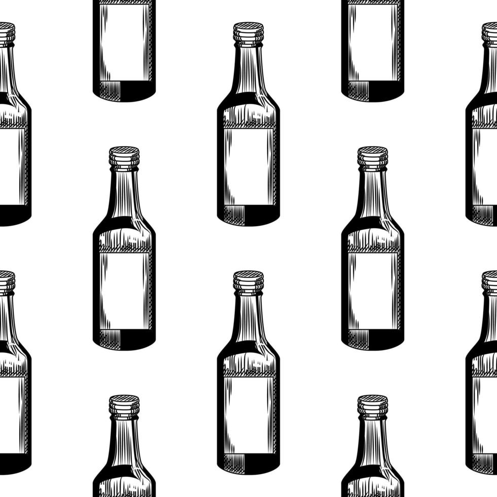 Monochrome alcohol bottle seamless pattern on white background. Geometric Soju bottles vector