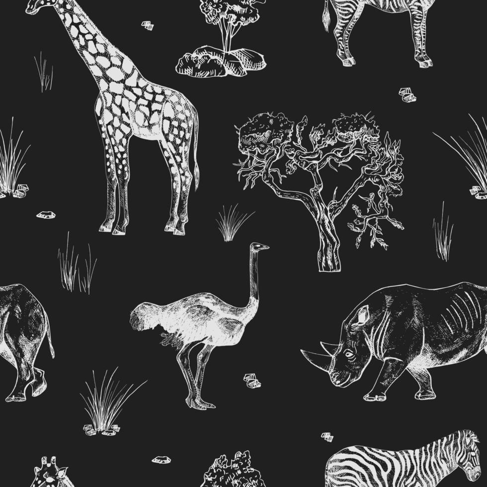 fauna de safari de patrones sin fisuras aislada sobre fondo negro. animales africanos jirafa, avestruz, rinoceronte, cebra en estilo tiza. estampado monocromático de diseño textil de sabana. vector