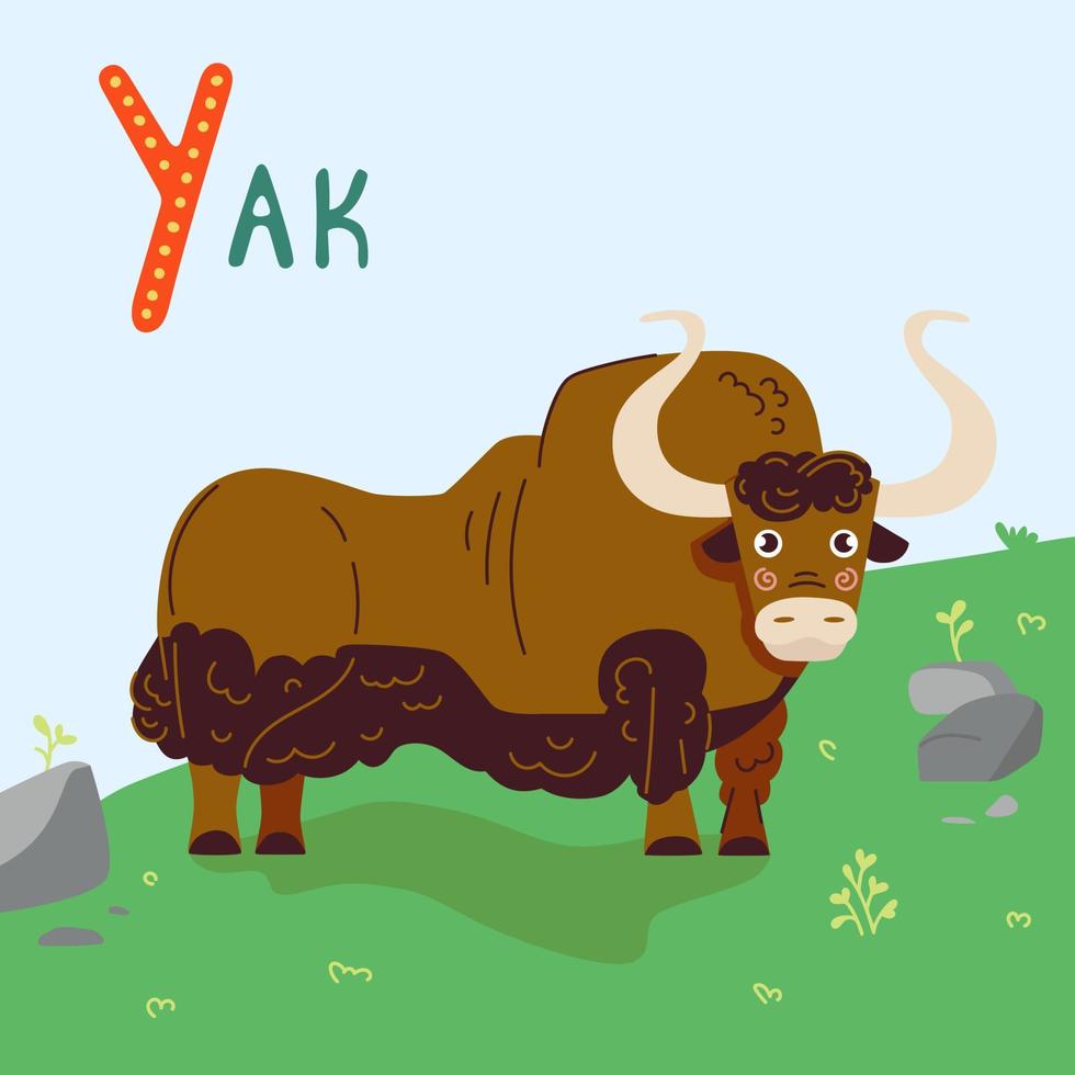 Yak vector illustration in cartoon style. Big brown bull clipart for children design on green grass