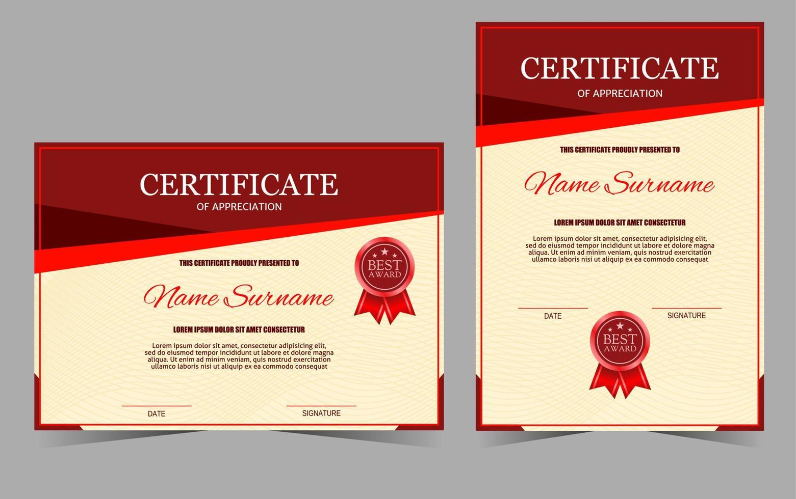 Certificate of appreciation template with red badge and border for award, diploma vector