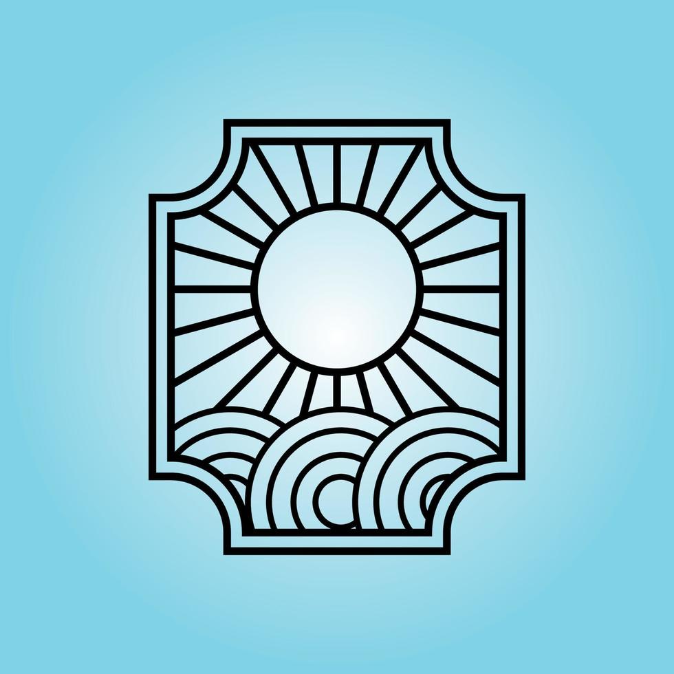 Ocean Sun Wave badge Logo icon line art  Design illustration vector