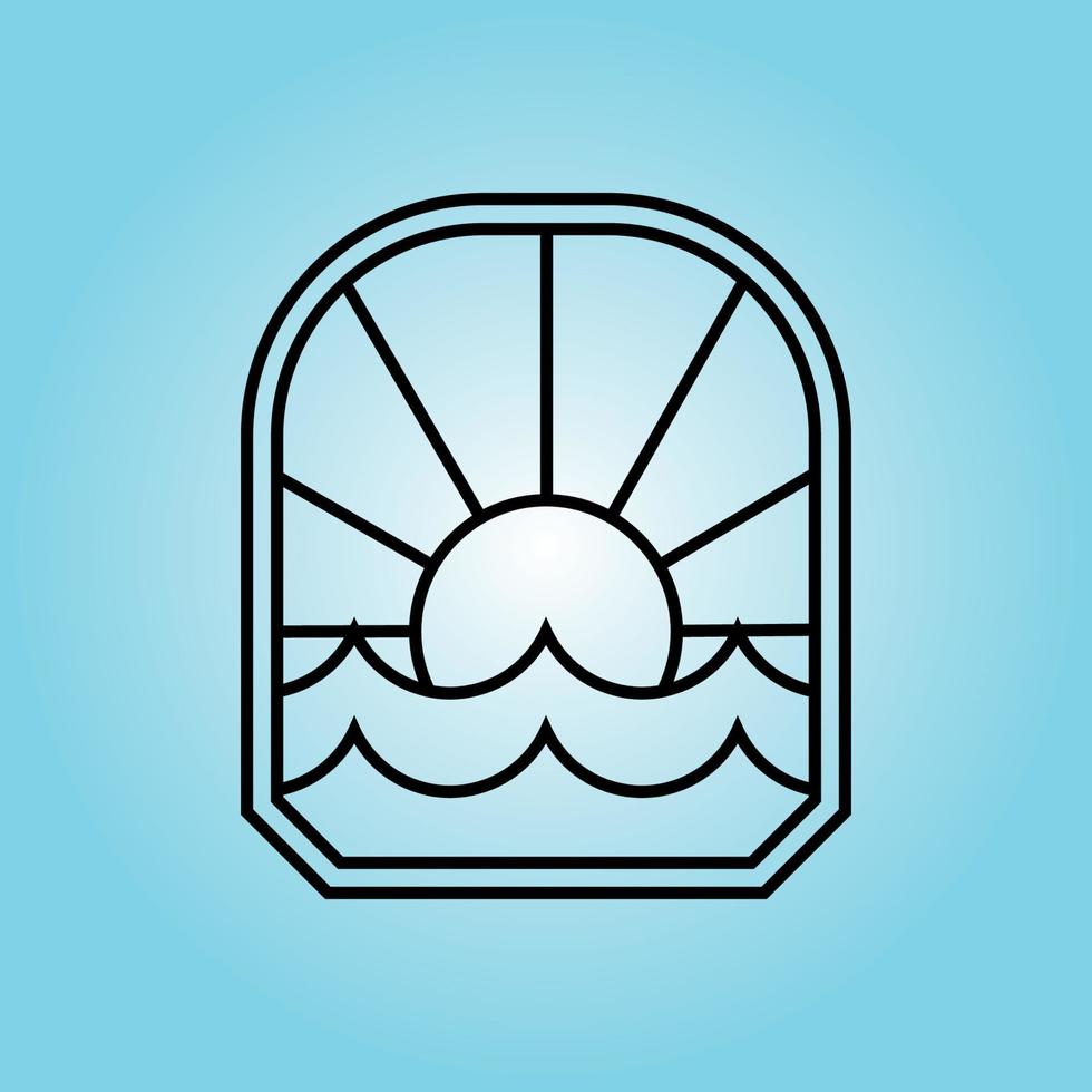 ilustración de diseño de arte de línea de logotipo de insignia de onda de sol de océano vector