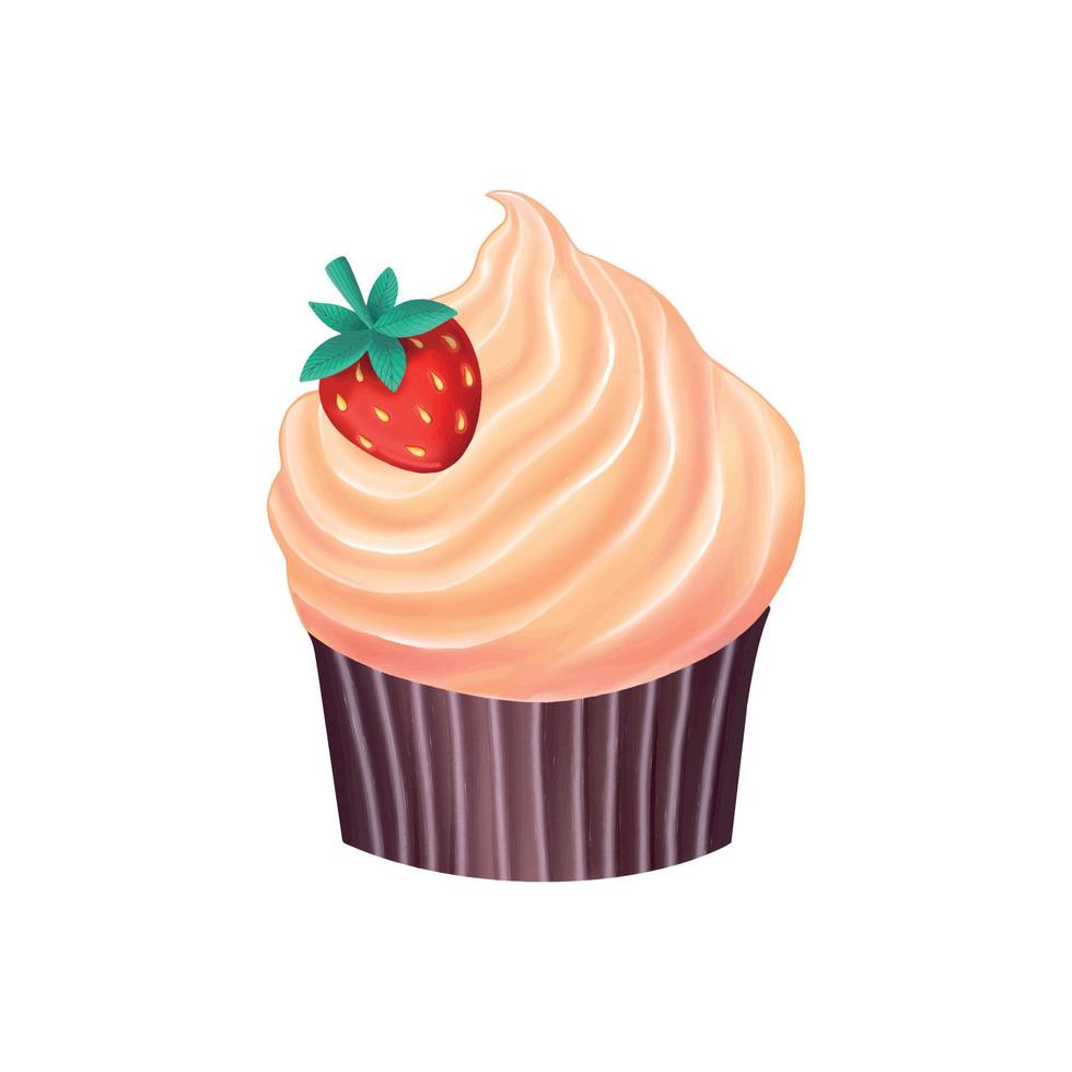 Cupcake with cream and strawberry. Vector illustration
