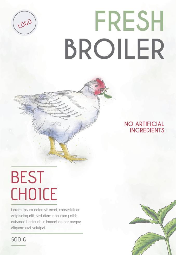 Fresh broiler chicken packaging design with hand drawing and watercolor technique vector