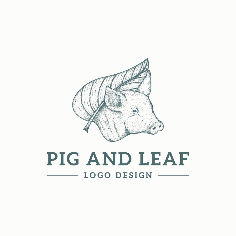 logotipo dibujado a mano de cerdo y hoja vector