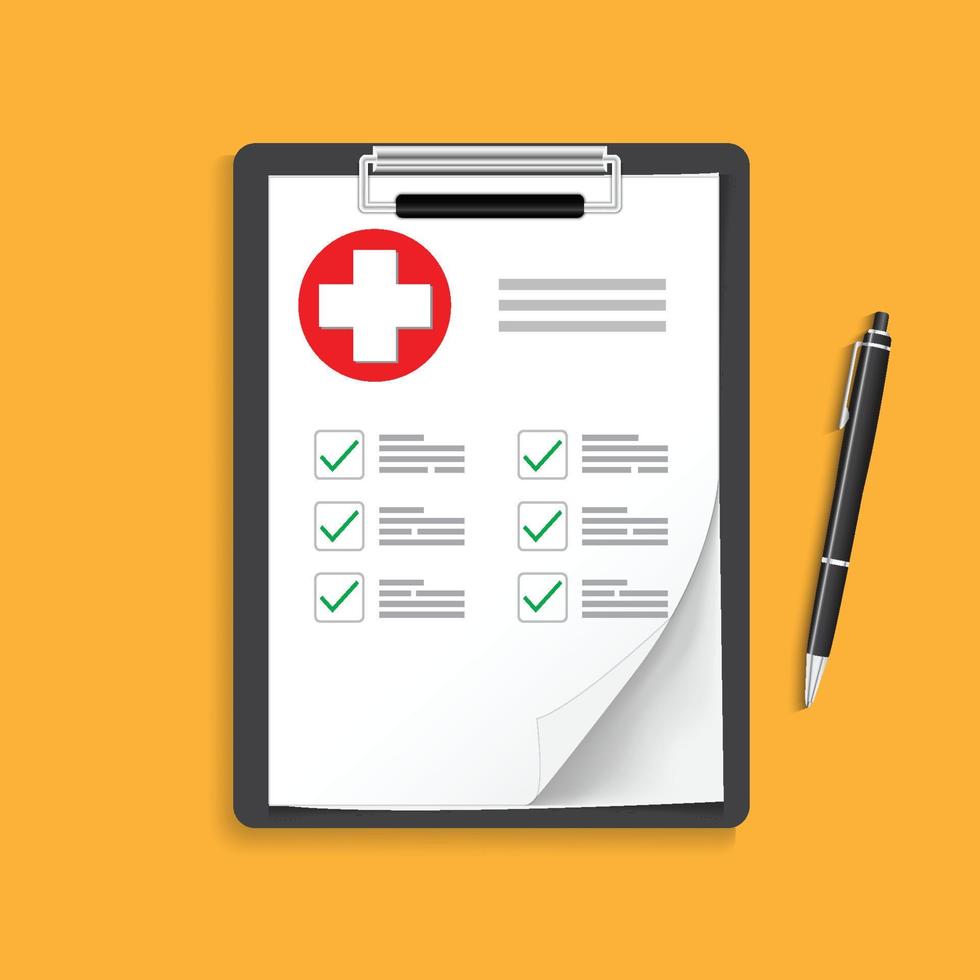 Clipboard with medical cross and pen. Clinical record, prescription, claim, medical check marks report, health insurance concepts. Premium quality. Modern flat design graphic elements. vector
