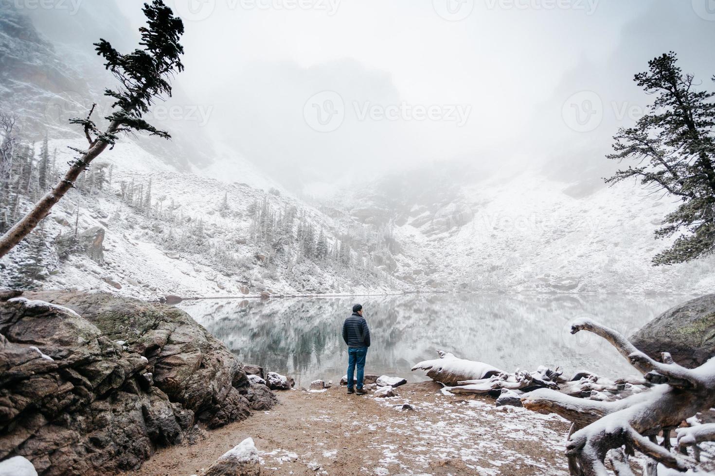 Person looking at a winter landscape photo