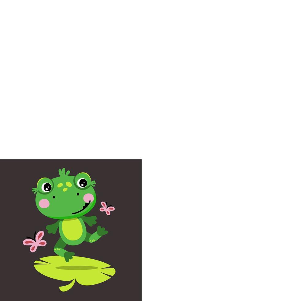 Cute cheerful Green Frog jumps next to butterflies. Isolated vector illustration in a flat style