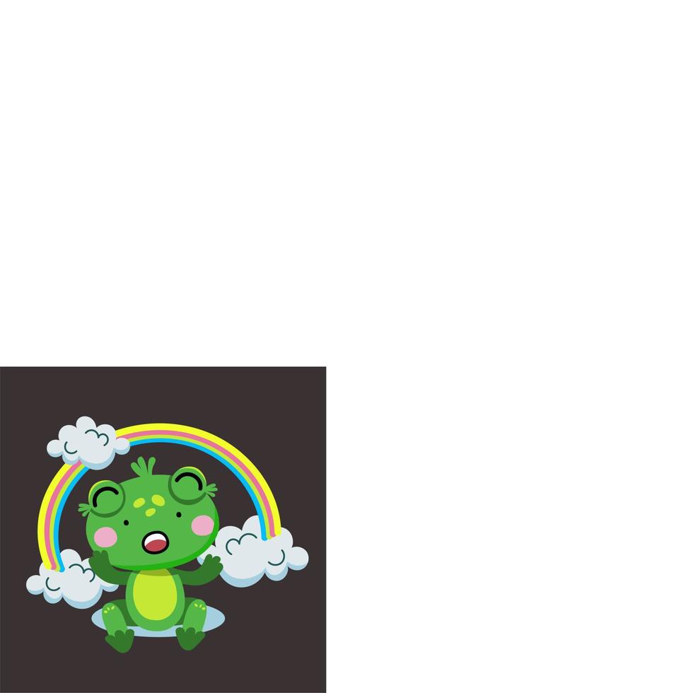 Cute Frog in the clouds under the rainbow yawns. A sleeping frog. Isolated vector illustration in a flat style