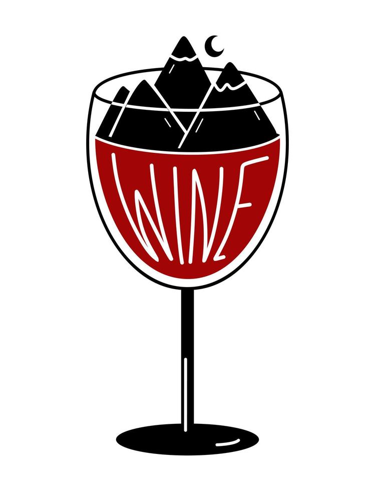 Wine and mountains in a glass with lettering text. Vector illustration isolated on a white background