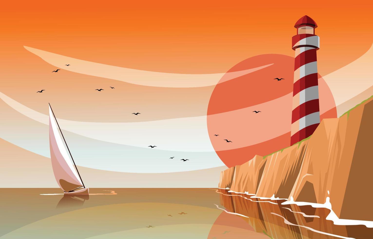 Sunset Sailing Around The Lighthouse vector