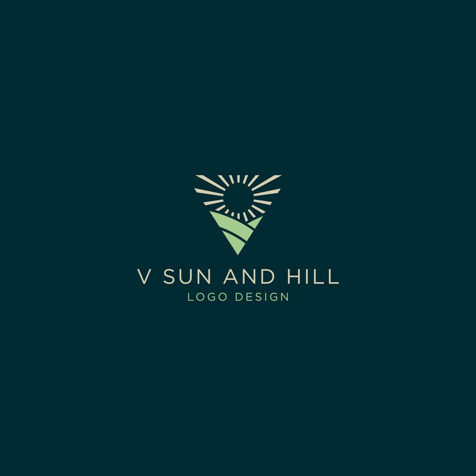 plantilla de diseño de logotipo sol y colina con letras v vector