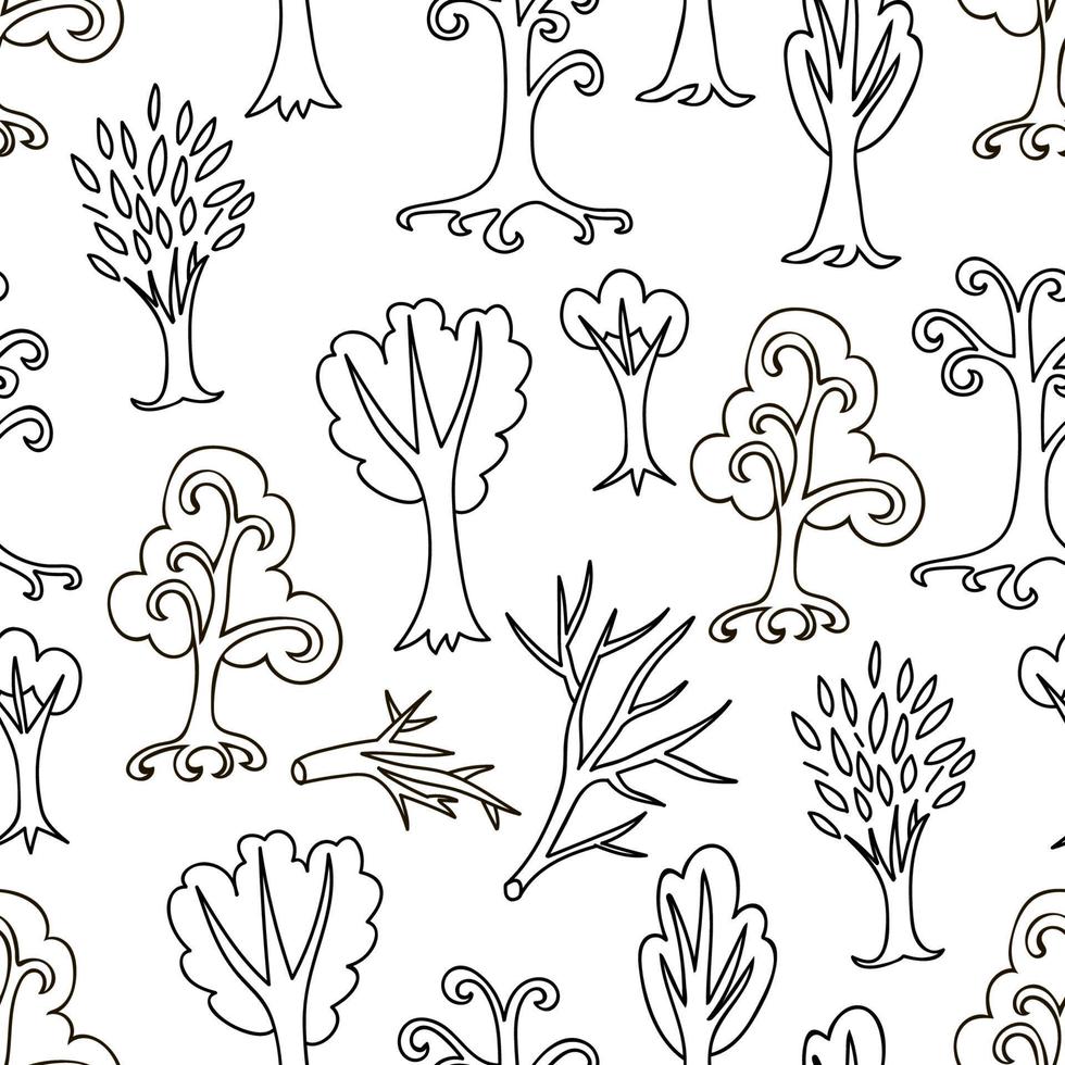 Cute doodle seamless pattern with different trees and branches. Hand drawn infinity forest background. Cartoon woodland. The best for design, textile, fabric, wrapping paper, kids. vector