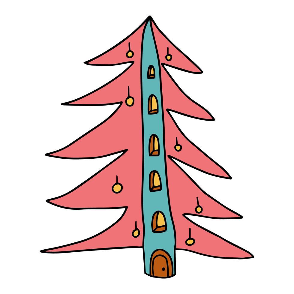 Cartoon doodle fantasy gnome house spruce tree isolated on white background. Christmas forest hand drawn icon. vector