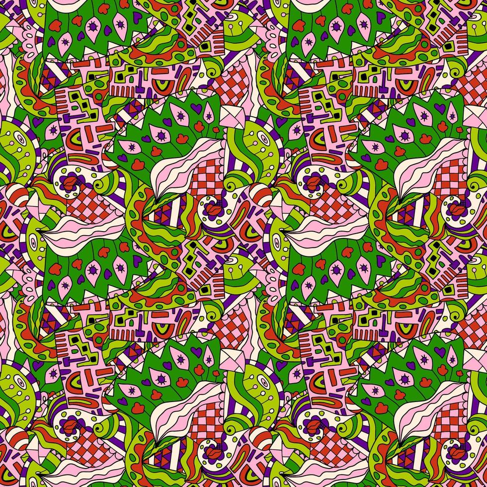 Cute abstract doodle artistic sketch seamless pattern. Background with crazy messy doodle art with different shapes, curls. Fantasy texture, textile, wrap, fabric. vector