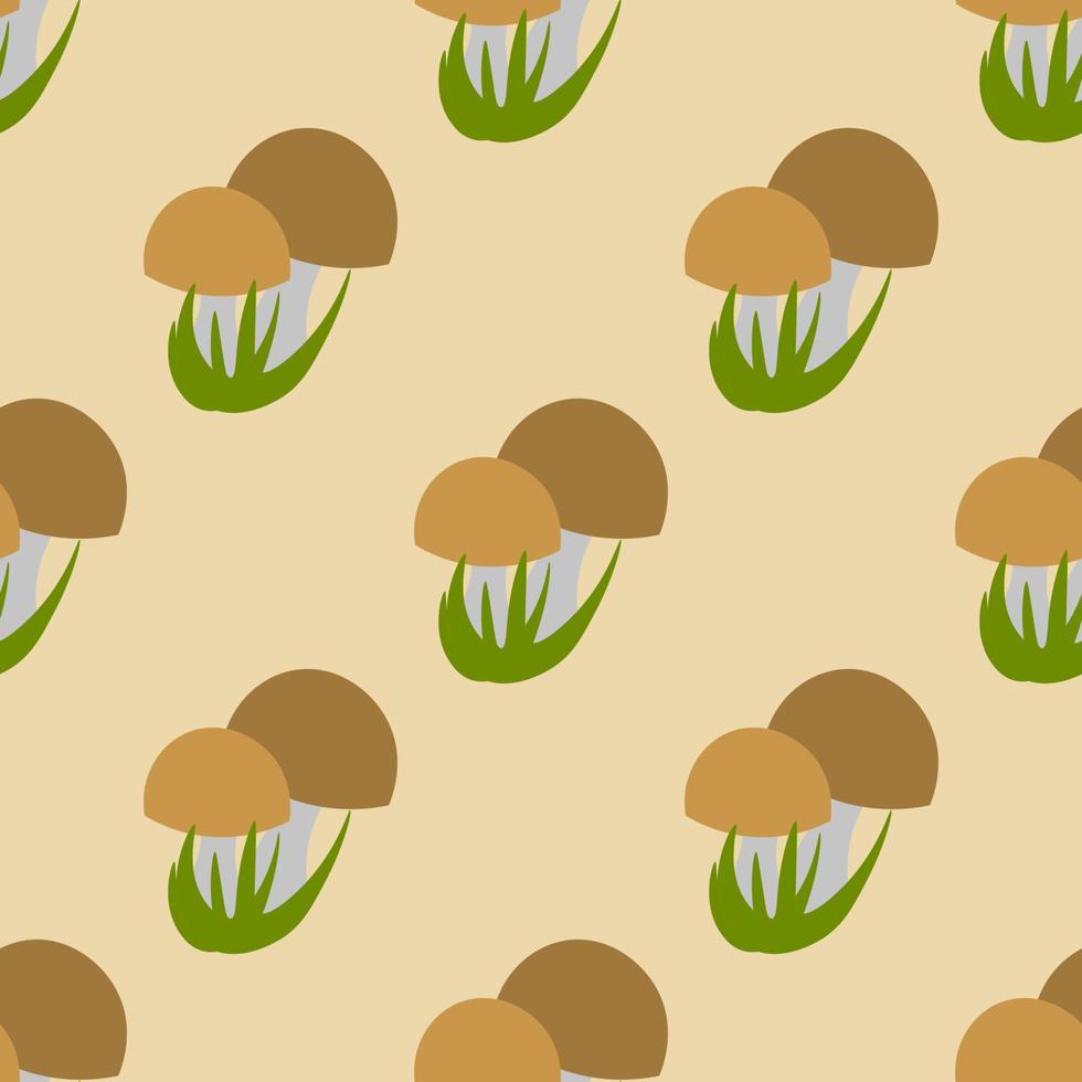 Cute cartoon mushrooms with grass in flat style seamless pattern. Woodland background. vector