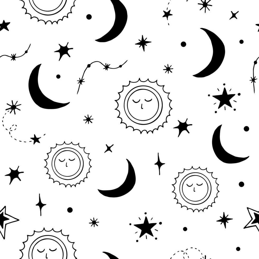 Celestial sun pattern. Magic seamless background with sun, moon, stars, eyes  vector design. Black and white sky decorative ornament. Space spiritual  astrology repeat print, esoteric, tarot, wallpaper. 22318754 Vector Art at  Vecteezy