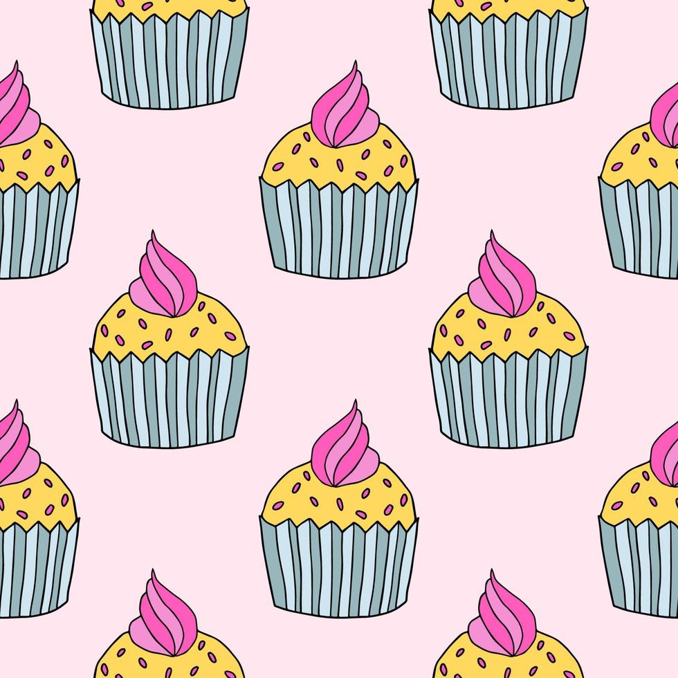 Cute hand drawn cupcake seamless pattern. Doodle cake of black thin line contour background. vector