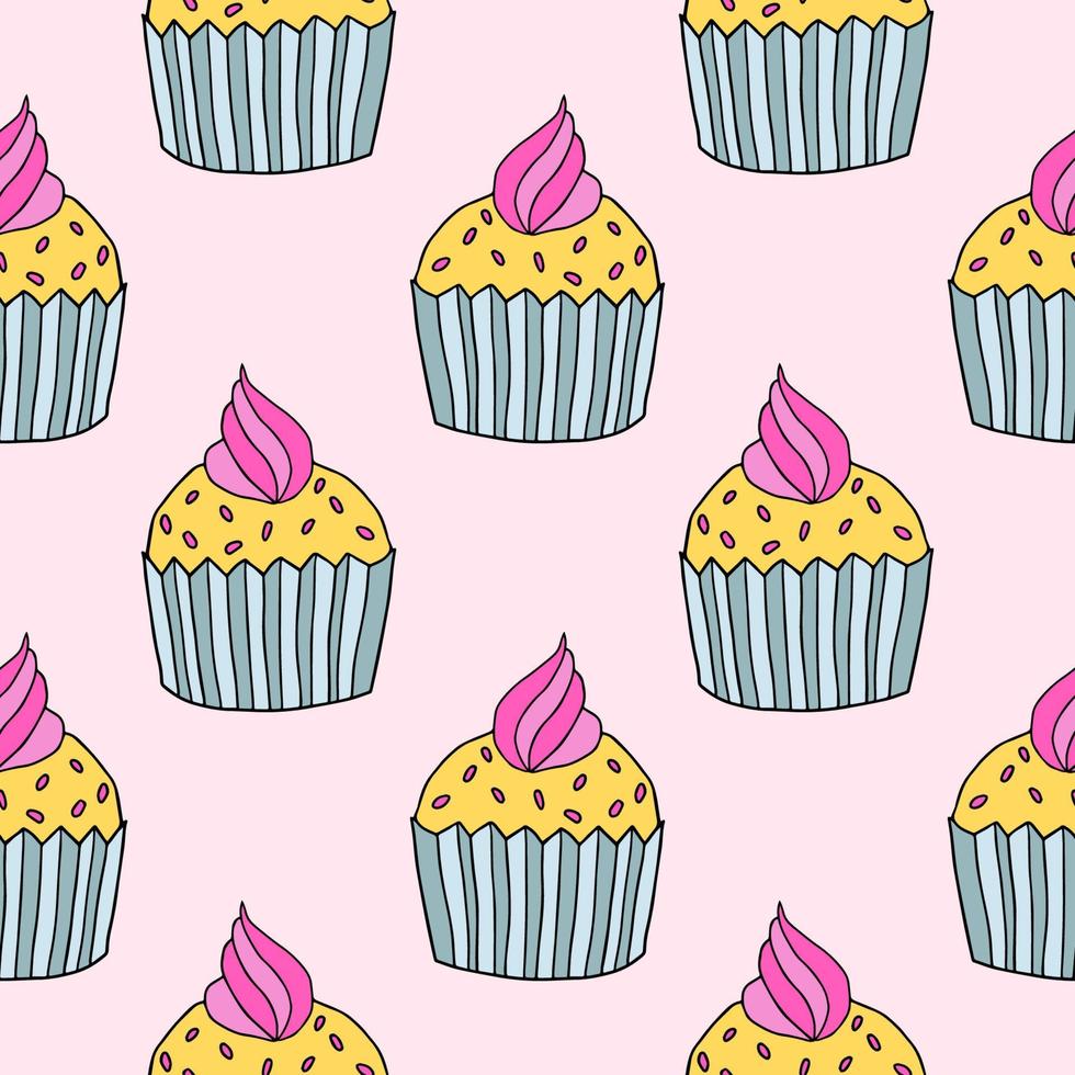 Cute hand drawn cupcake seamless pattern. Doodle cake of black thin line contour background. vector