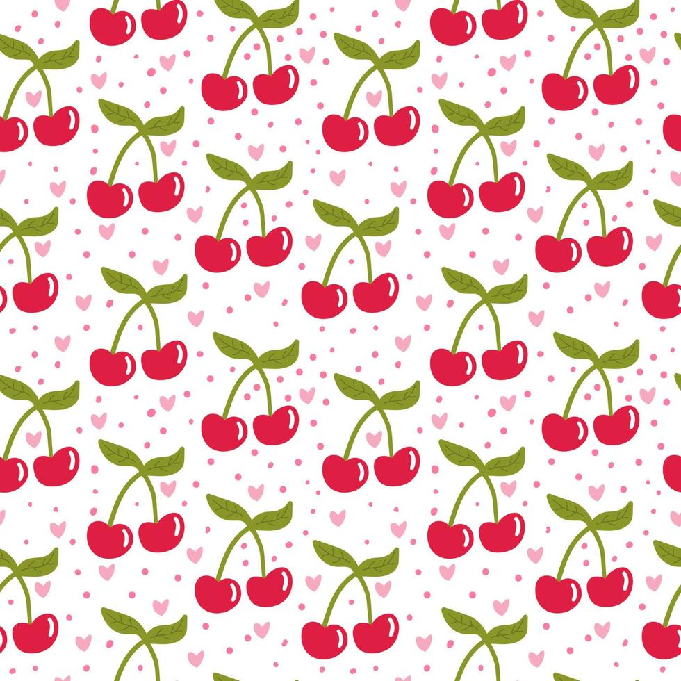 Cartoon cherry seamless pattern with hearts and dots.  Fruit background. Wrapping paper, textile, cover, infinity card. vector