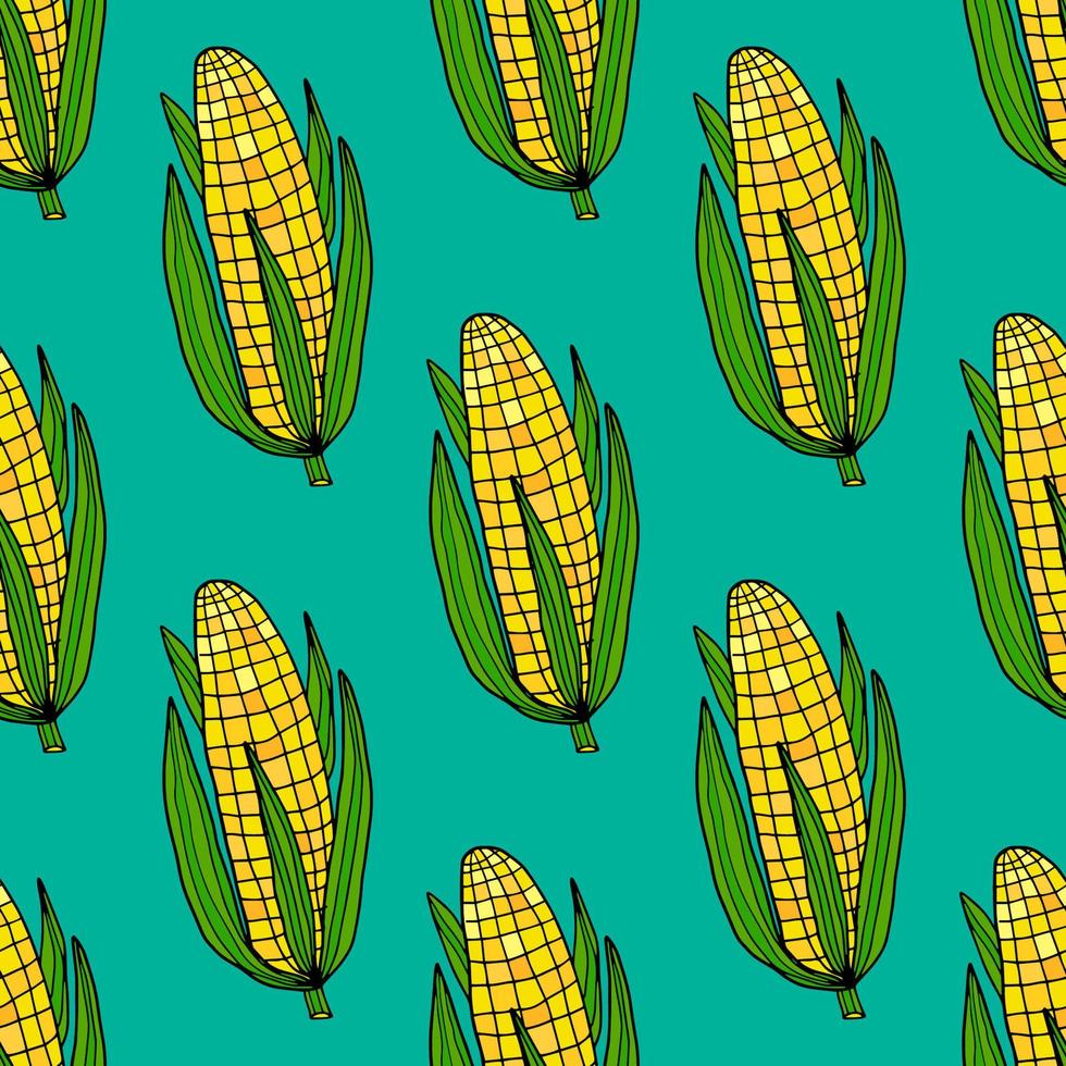 Cute cartoon doodle fresh corn with leaves seamless pattern. Vegetables background. vector