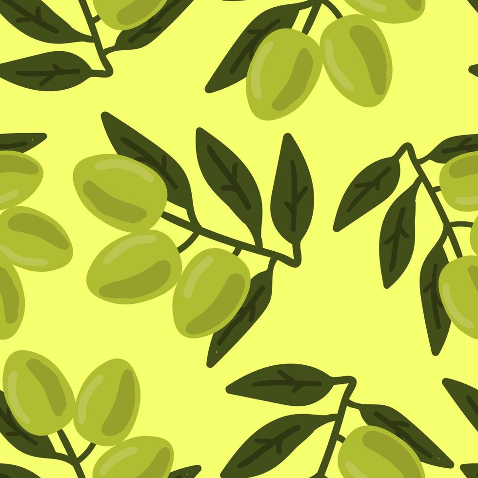 Green olive branch with berries and leaves seamless pattern. Vegetables background. vector