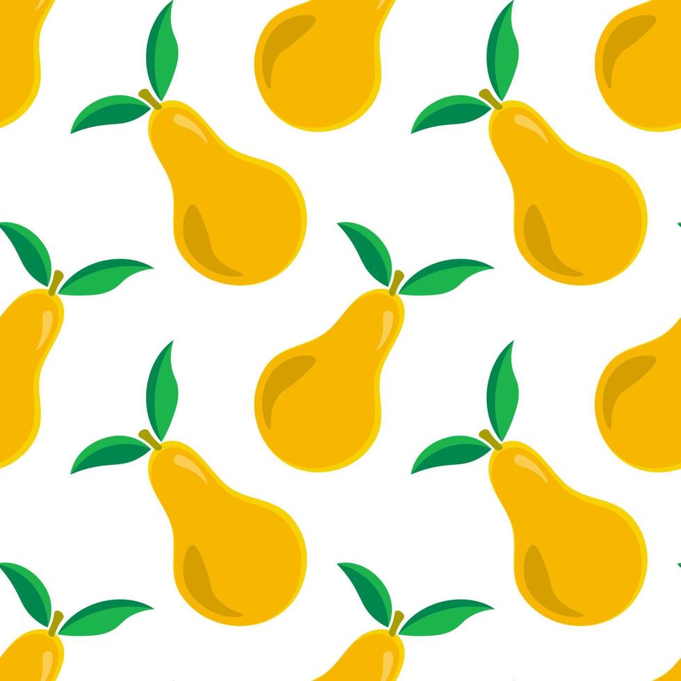 Colorful seamless pattern with yellow pear with leaves. Cute fruit background. vector