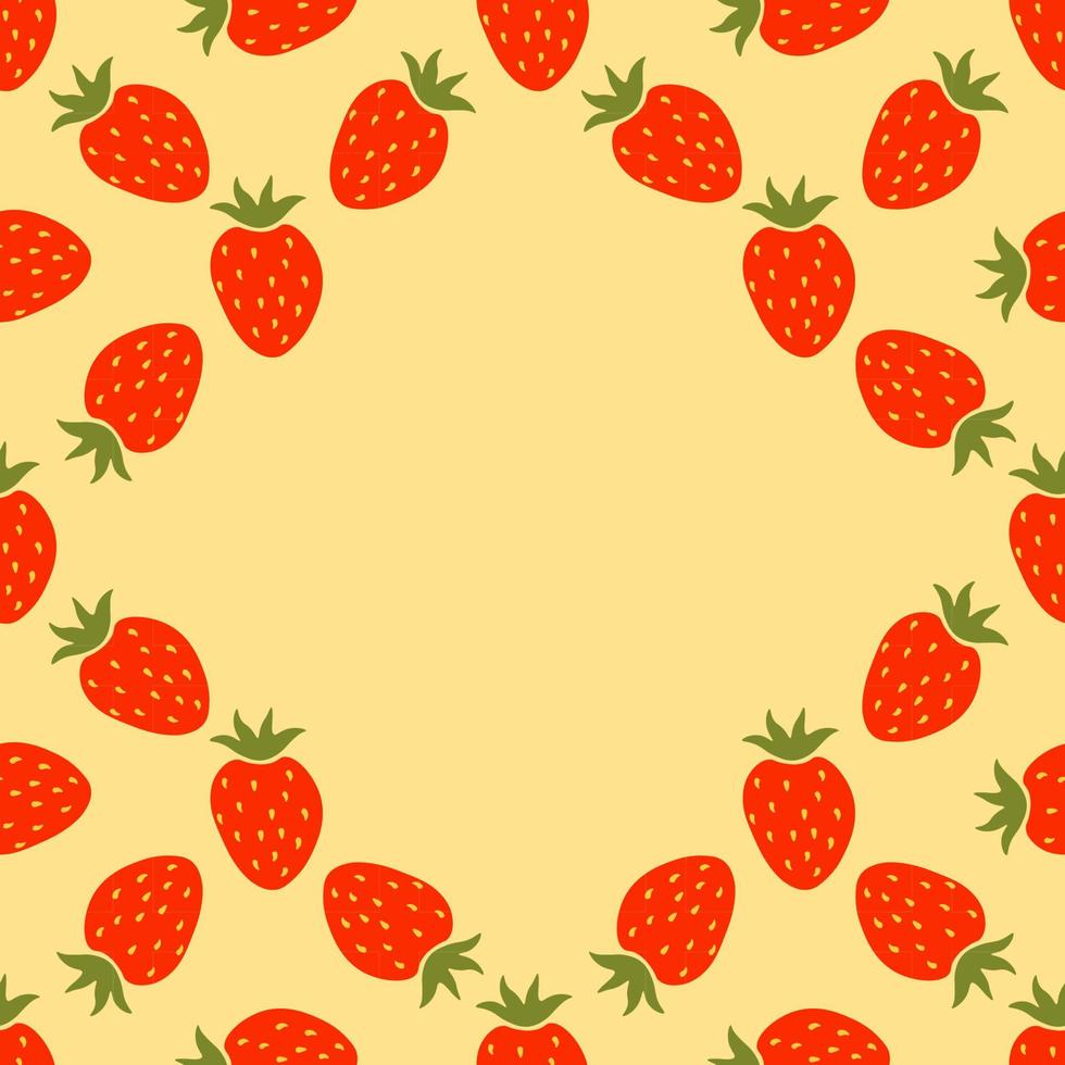 Card with cartoon red strawberry and empty space. Seamless border with strawberry  background. Fruit background. vector