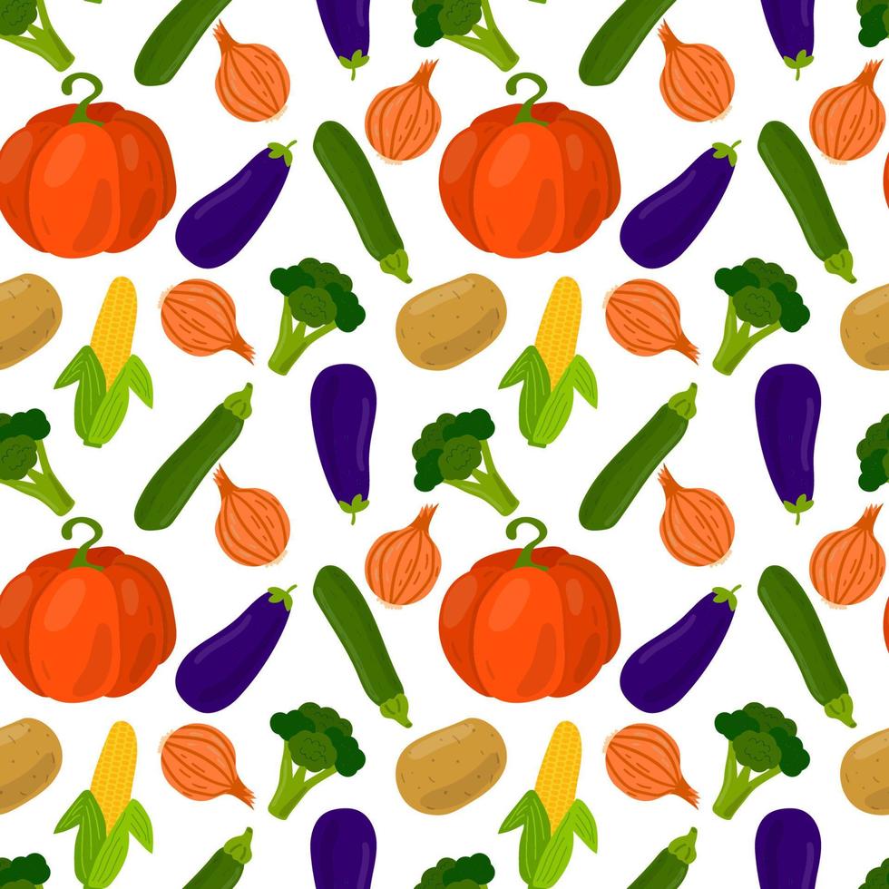 Vegetables seamless pattern. Pumpkin and onion, potato and corn, broccoli and zucchini, eggplant. vector