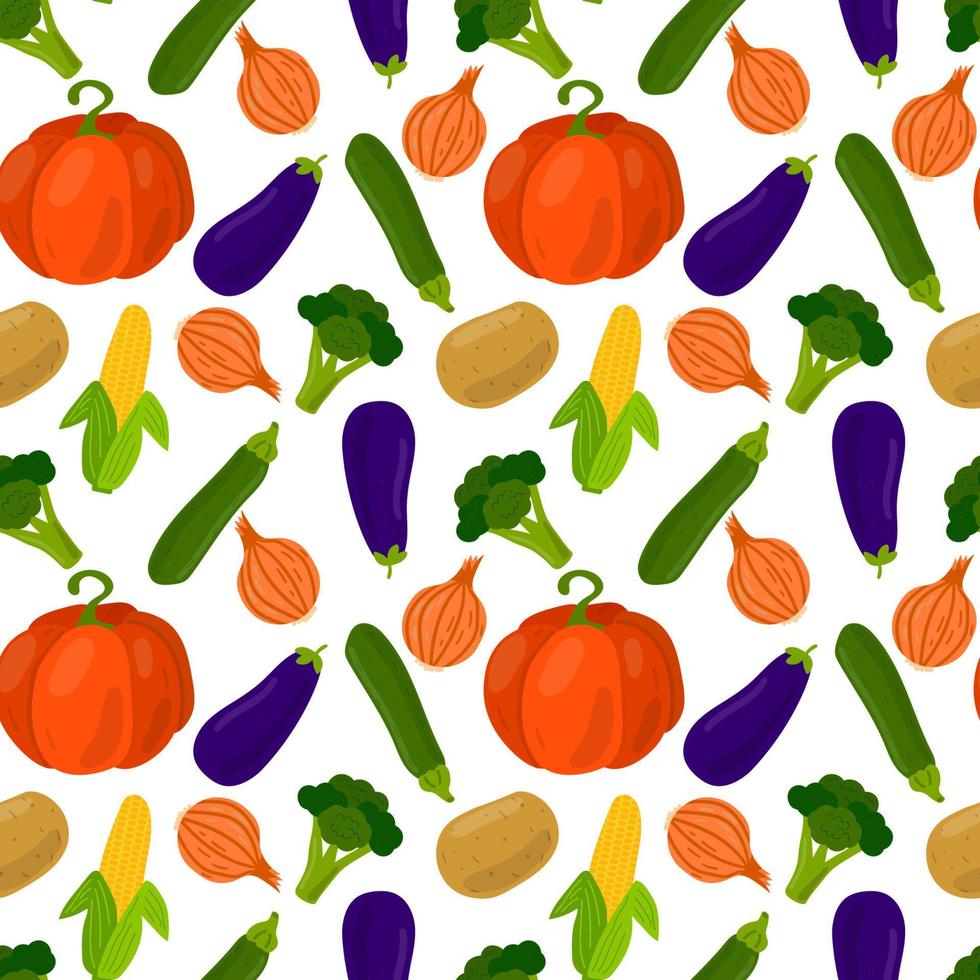 patrón sin costuras de verduras. calabaza y cebolla, patata y maíz, brócoli y calabacín, berenjena. vector