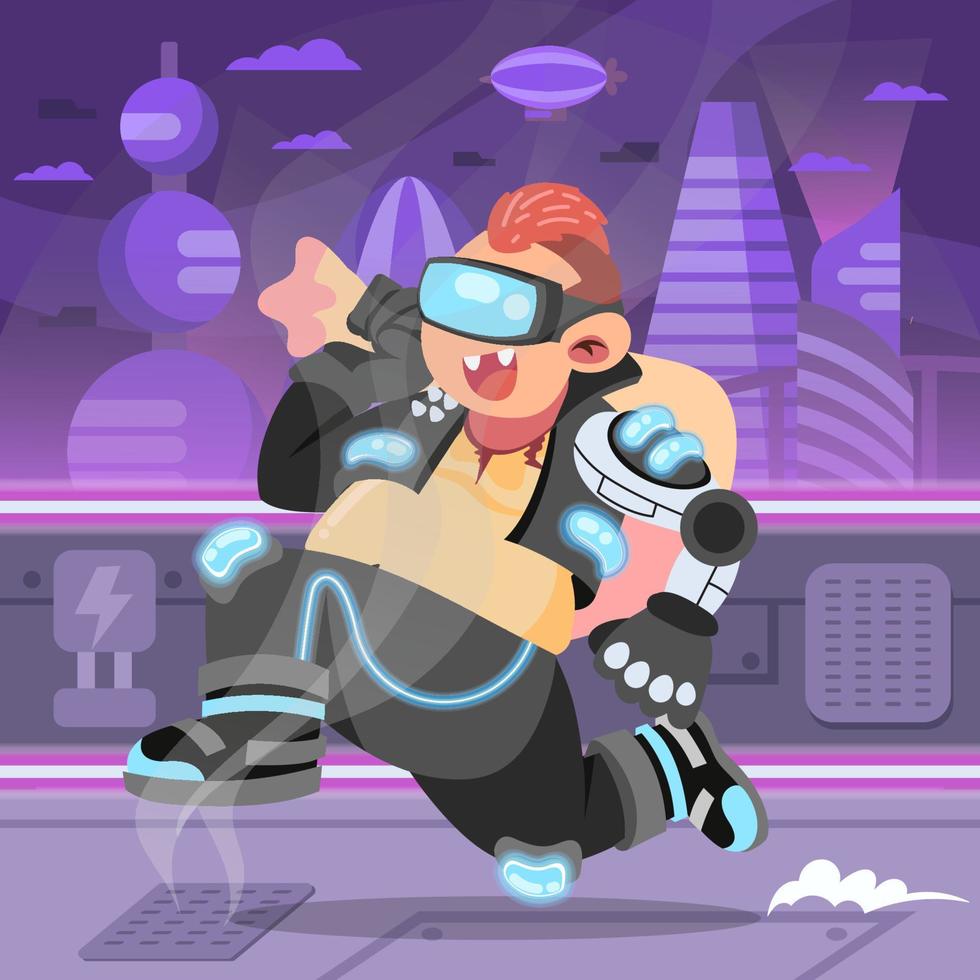 Runing Thief at Futuristic Dystopian Metropolitan City vector