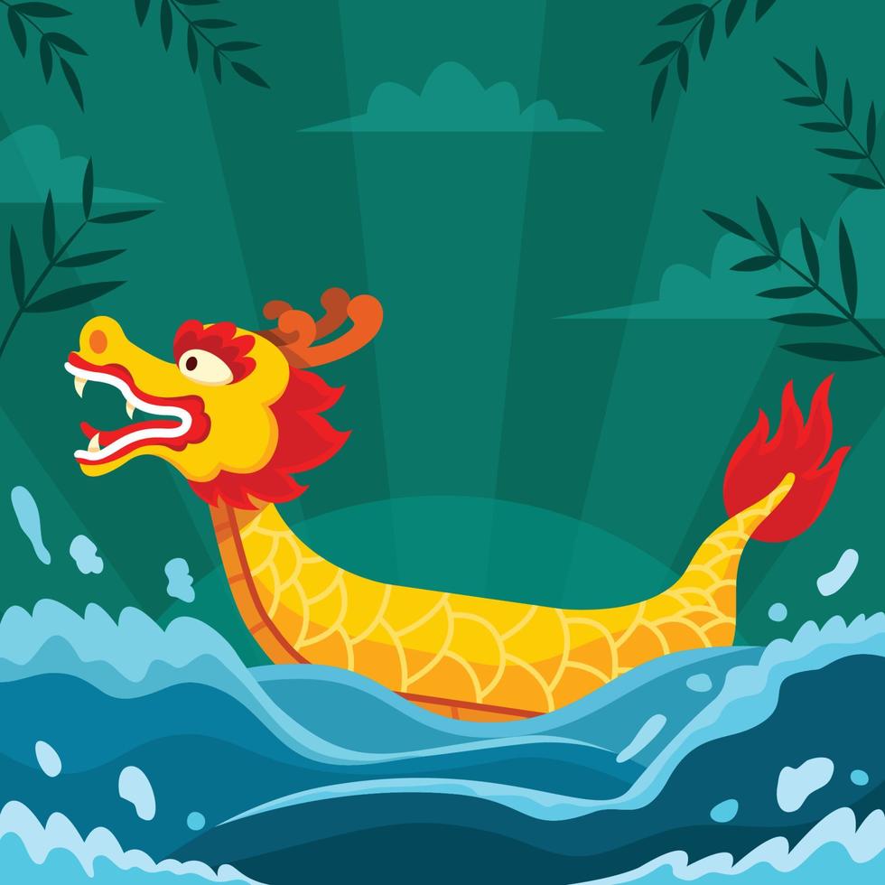 Golden Dragon Boat In Middle Of The Lake Background vector