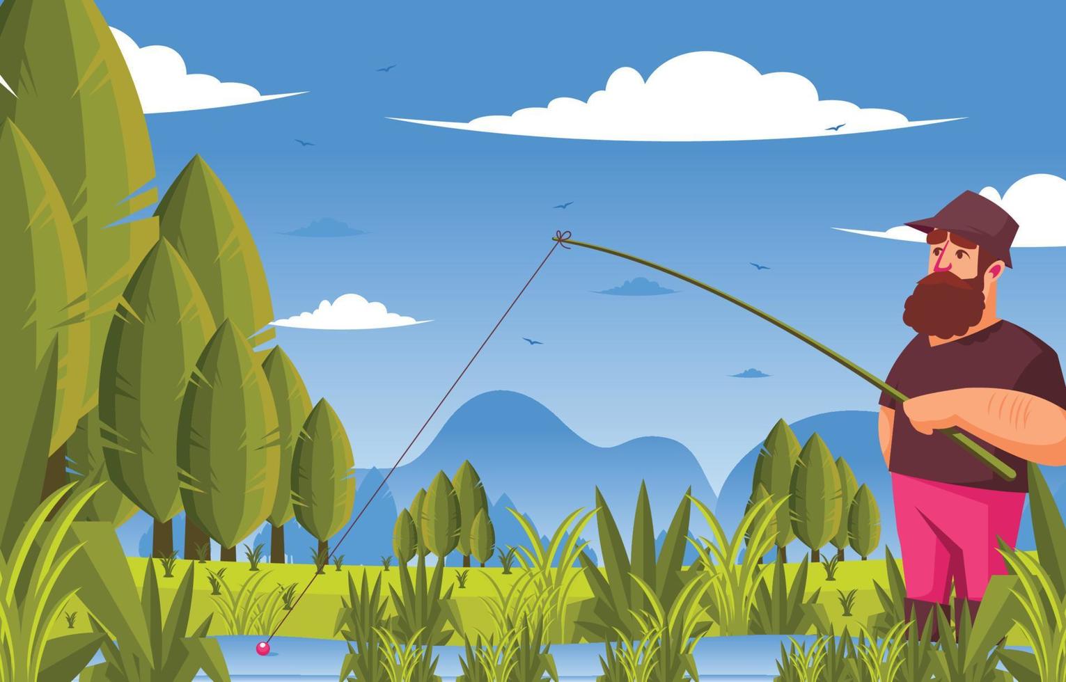 A Fisherman Pond Fishing in The Summer vector