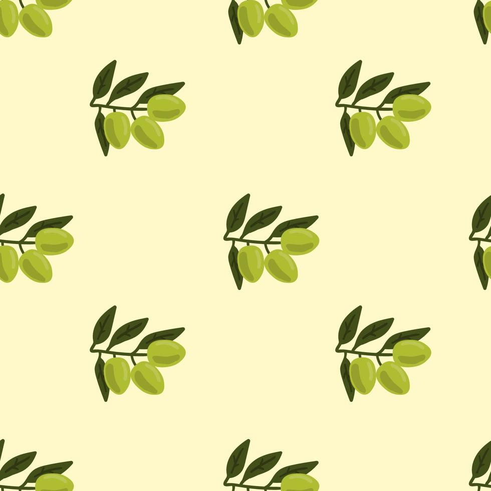 Green olive branch with berries and leaves seamless pattern. Vegetables background. vector